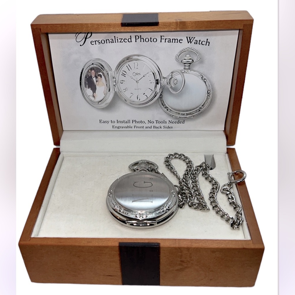 Colibri of London 17 Jewel Pocket Watch, picture frame, chain & Box Silver-tone